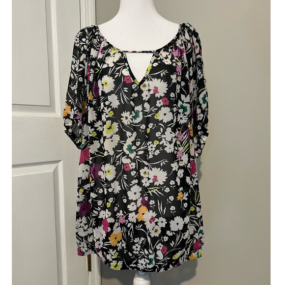 torrid Tops - TORRID Women's Sheer Floral V Neck Back Cutout Elastic Sleeve Blouse Plus Size 3
